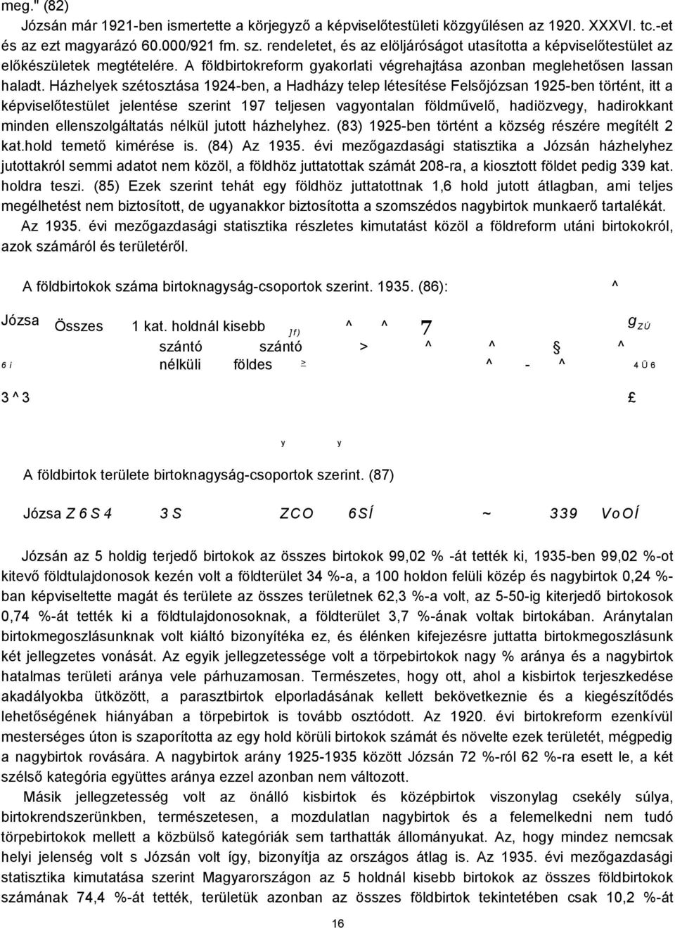 Házhelyek szétosztása 1924-ben, a Hadházy telep létesítése Felsőjózsan 1925-ben történt, itt a képviselőtestület jelentése szerint 197 teljesen vagyontalan földművelő, hadiözvegy, hadirokkant minden