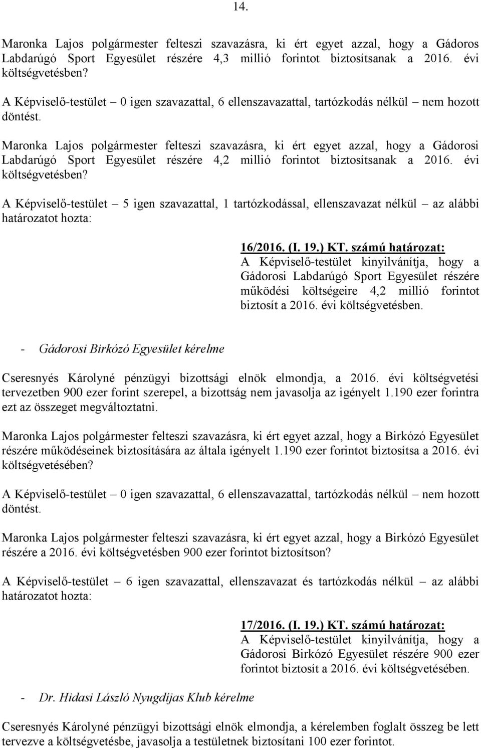 Maronka Lajos polgármester felteszi szavazásra, ki ért egyet azzal, hogy a Gádorosi Labdarúgó Sport Egyesület részére 4,2 millió forintot biztosítsanak a 2016. évi költségvetésben?