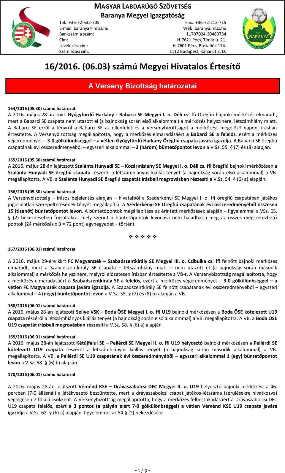 30) számú határozat A 2016. május 28-ára kiírt Gyógyfürdő Harkány - Babarci SE Megyei I. o. Déli cs.