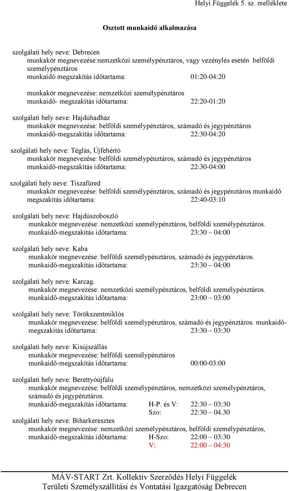 időtartama: 01:20-04:20 munkakör megnevezése: nemzetközi személypénztáros munkaidő- megszakítás időtartama: 22:20-01:20 szolgálati hely neve: Hajdúhadház munkakör megnevezése: belföldi