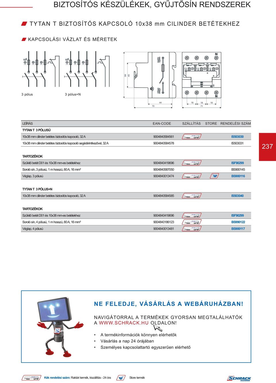 m hosszú, 80 A, 16 mm² 9004840587050 BS900145 Véglap, 3 pólusú 9004840013474 BS900116 TYTAN T 3 PÓLUS+N 10x38 mm cilinder betétes biztosítós kapcsoló, 32 A 9004840584585 IS503040 TARTOZÉKOK Szűkitő