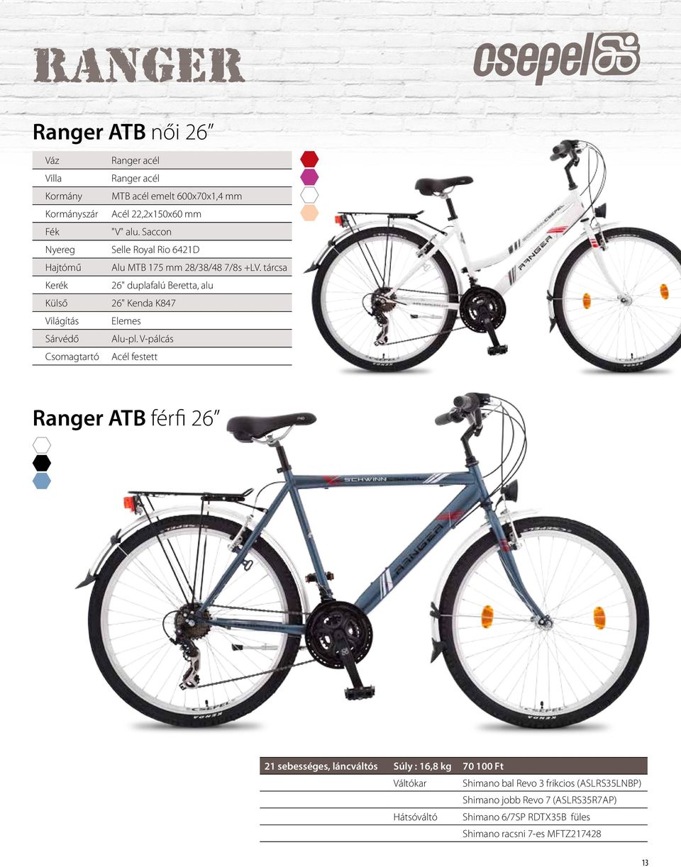 V-pálcás Acél festett Ranger ATB férfi 26 21 sebességes, láncváltós Súly : 16,8 kg 70 100 Ft Váltókar Shimano bal Revo 3