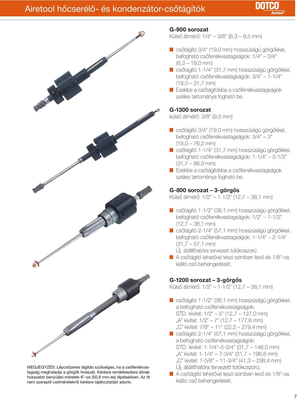 G-1300 sorozat külső átmérő: 3/8" (9,5 mm) csőtágító 3/4" (19,0 mm) hosszúságú görgőkkel, befogható csőfenékvastagságok: 3/4" 3" (19,0 76,2 mm) csőtágító 1-1/4" (31,7 mm) hosszúságú görgőkkel,