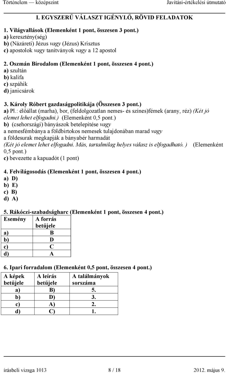 ) a) szultán b) kalifa c) szpáhik d) janicsárok 3. Károly Róbert gazdaságpolitikája (Összesen 3 pont.) a) Pl.