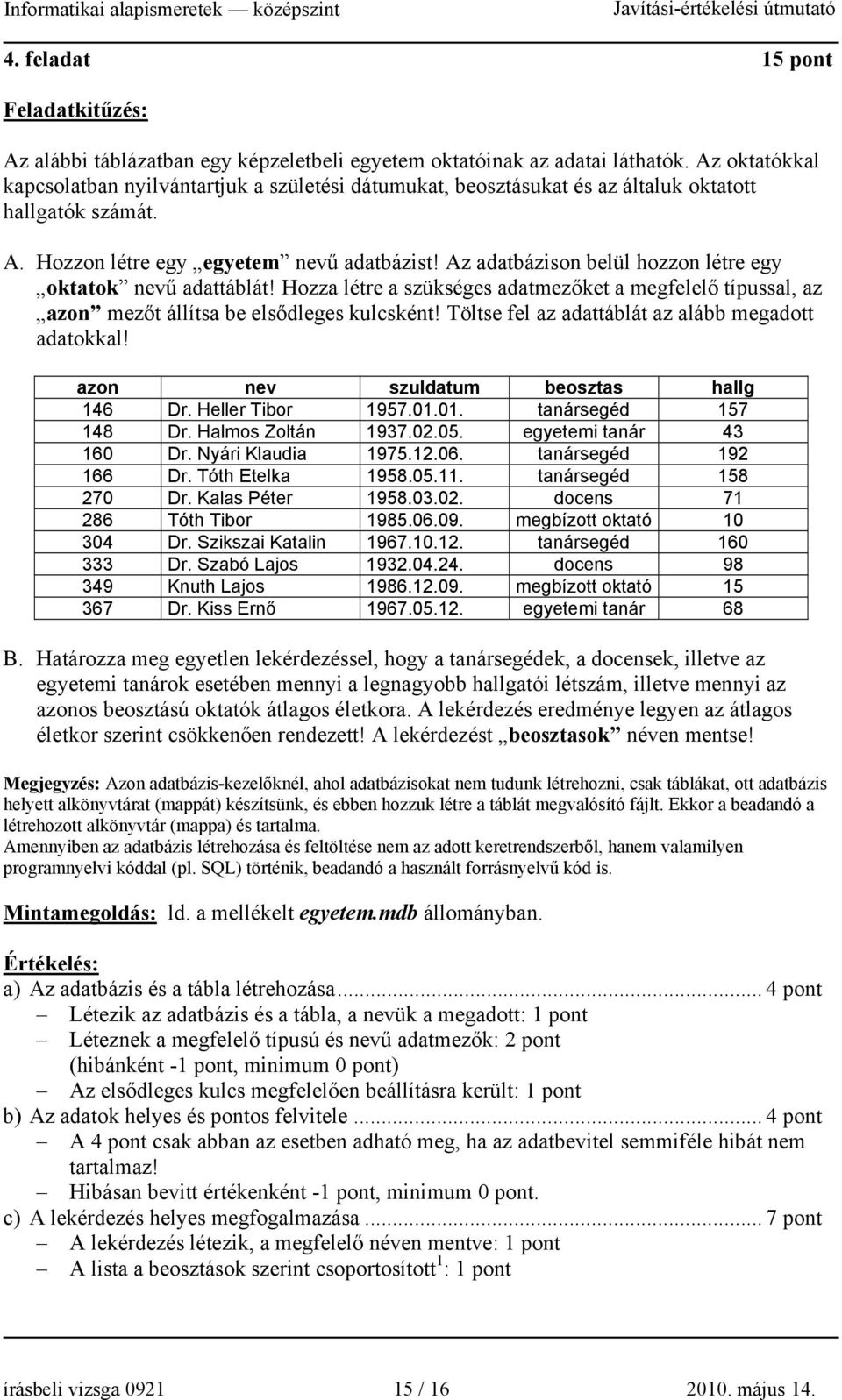 Az adatbázison belül hozzon létre egy oktatok nevű adattáblát! Hozza létre a szükséges adatmezőket a megfelelő típussal, az azon mezőt állítsa be elsődleges kulcsként!