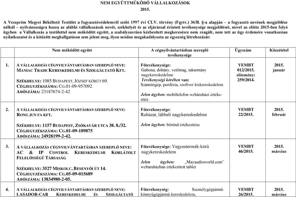 ügyben a Vállalkozás a testülettel nem működött együtt, a szabályszerűen kézbesített megkeresésre nem reagált, nem tett az ügy érdemére vonatkozóan nyilatkozatot és a kitűzött meghallgatáson sem