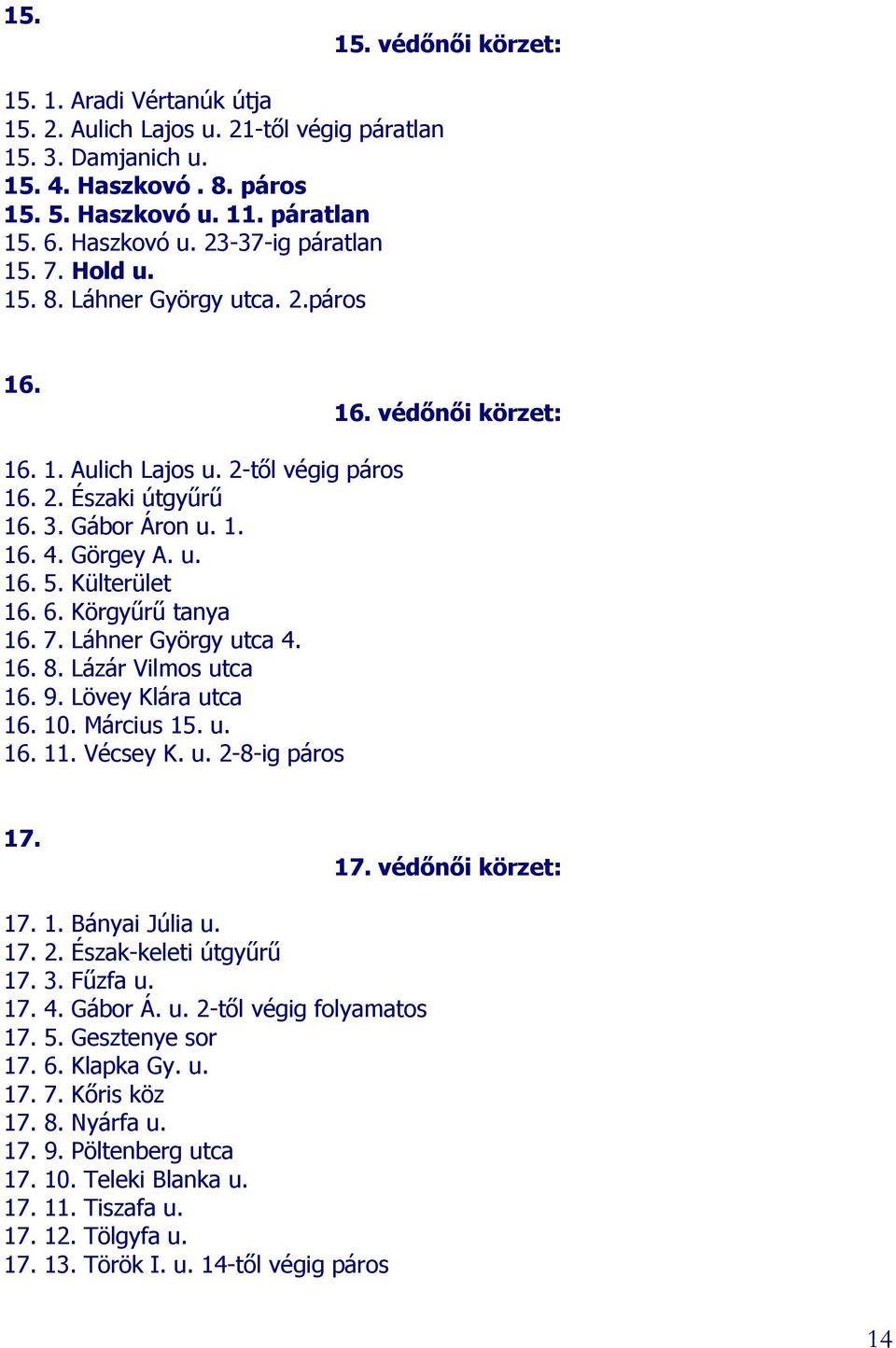 6. Körgyűrű tanya 16. 7. Láhner György utca 4. 16. 8. Lázár Vilmos utca 16. 9. Lövey Klára utca 16. 10. Március 15. u. 16. 11. Vécsey K. u. 2-8-ig páros 17. 17. védőnői körzet: 17. 1. Bányai Júlia u.