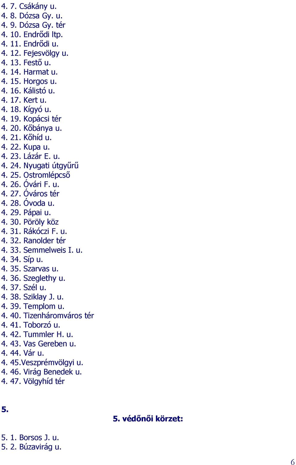 Pápai u. 4. 30. Pöröly köz 4. 31. Rákóczi F. u. 4. 32. Ranolder tér 4. 33. Semmelweis I. u. 4. 34. Síp u. 4. 35. Szarvas u. 4. 36. Szeglethy u. 4. 37. Szél u. 4. 38. Sziklay J. u. 4. 39. Templom u. 4. 40.