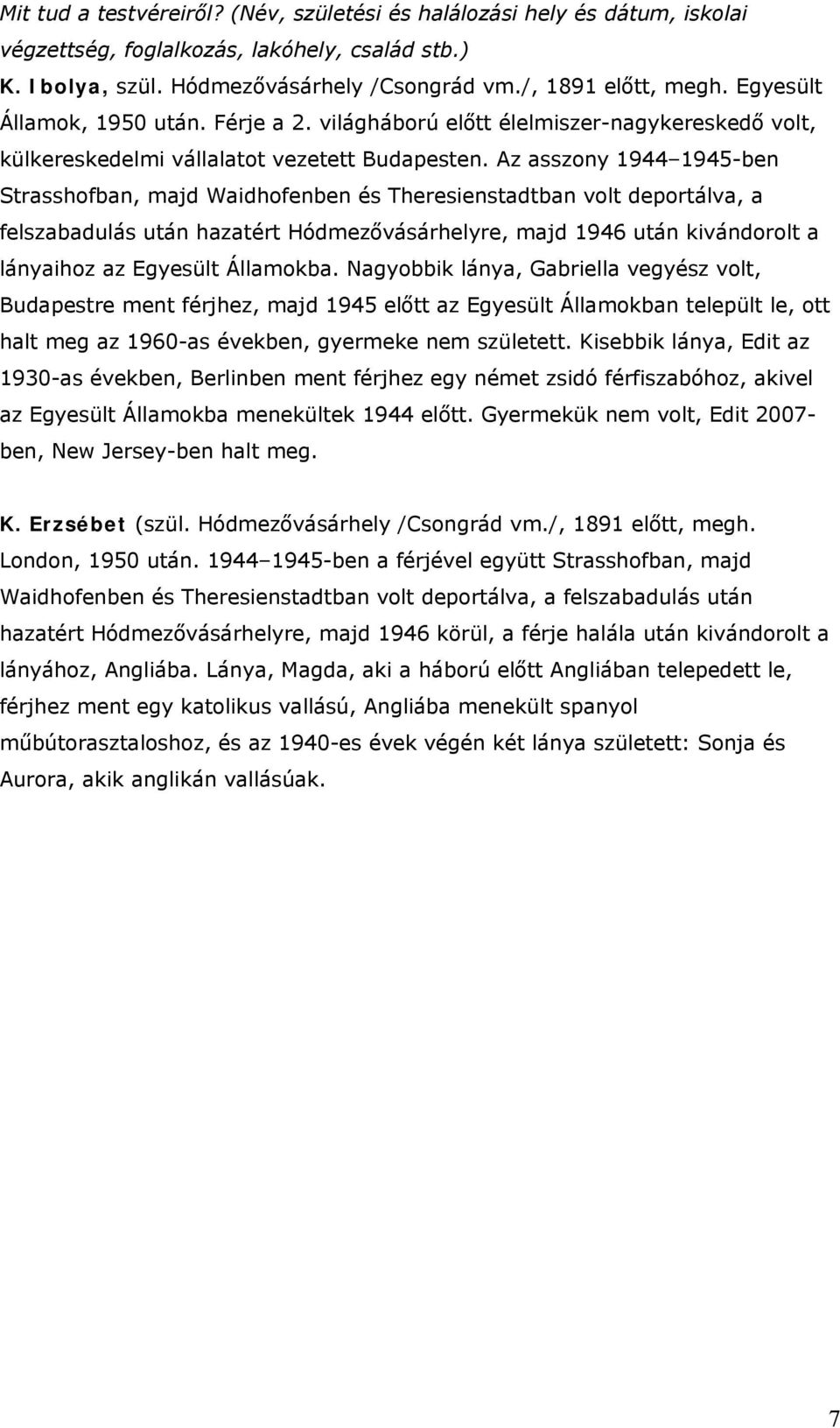 Az asszony 1944 1945-ben Strasshofban, majd Waidhofenben és Theresienstadtban volt deportálva, a felszabadulás után hazatért Hódmezővásárhelyre, majd 1946 után kivándorolt a lányaihoz az Egyesült