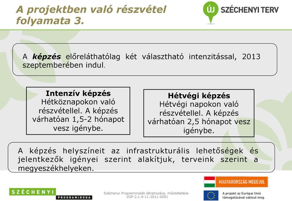 Intenzív képzés Hétköznapokon való részvétellel. A képzés várhatóan 1,5-2 hónapot vesz igénybe.