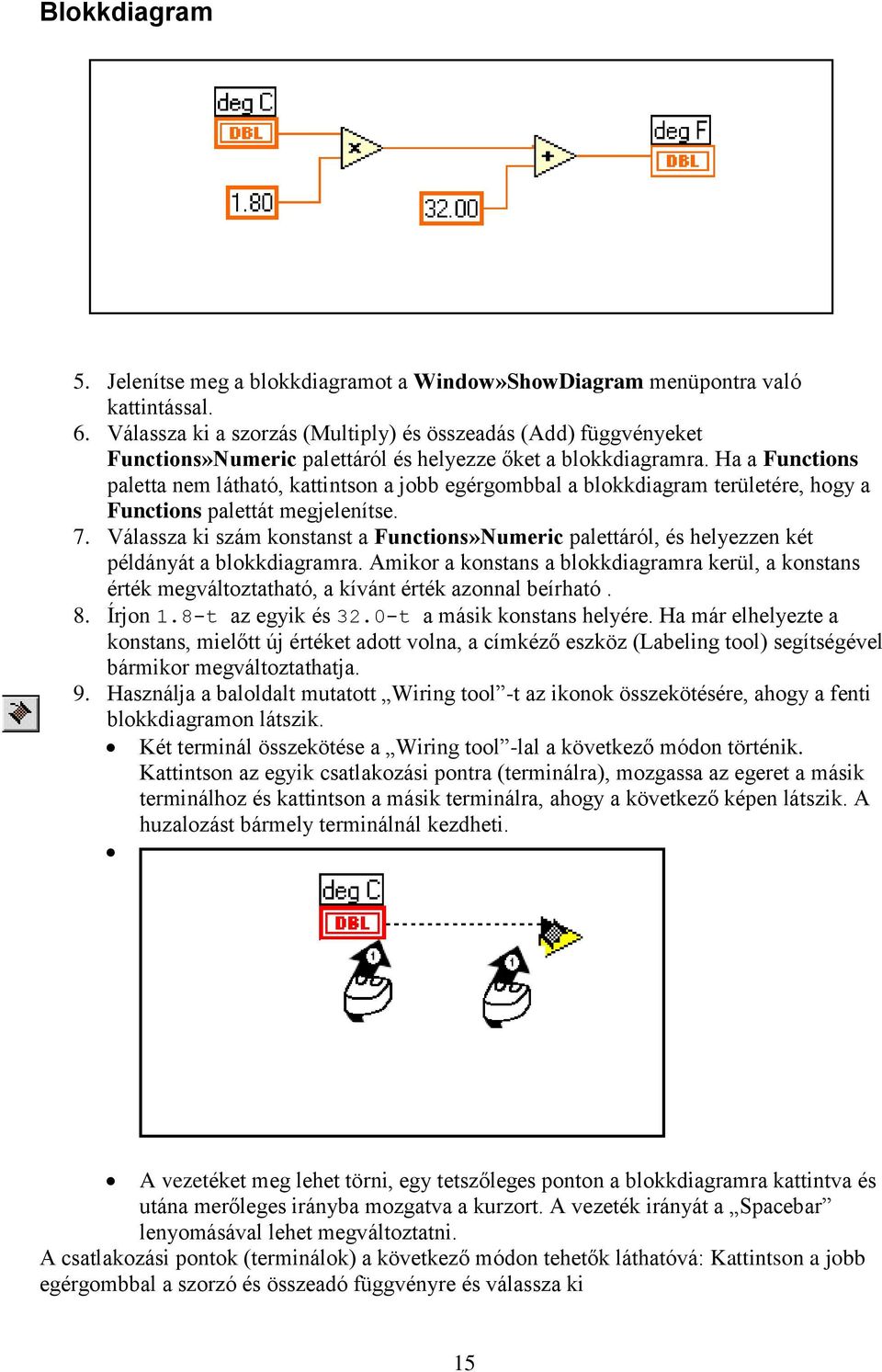 Ha a Functions paletta nem látható, kattintson a jobb egérgombbal a blokkdiagram területére, hogy a Functions palettát megjelenítse. 7.