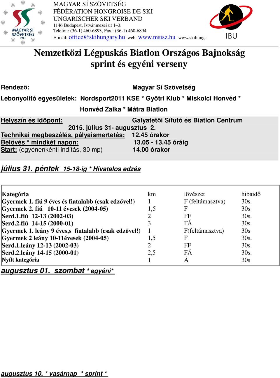 péntek 15-18-ig * Hivatalos edzés Kategória km lövészet hibaidő Gyermek 1. fiú 9 éves és fiatalabb (csak edzővel!) 1 F (feltámasztva) 30s. Gyermek 2. fiú 10-11 évesek (2004-05) 1,5 F 30s Serd.1.fiú 12-13 (2002-03) 2 FF 30s.