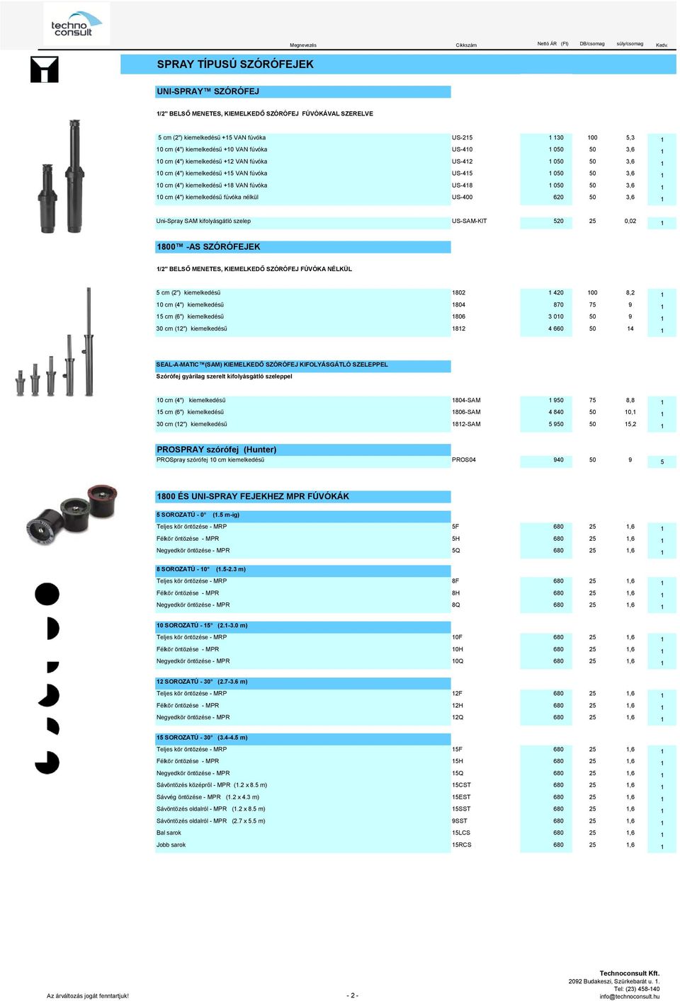 Uni-Spray SAM kifolyásgátló szelep US-SAM-KIT 5 0,0 800 -AS SZÓRÓFEJEK /" BELSŐ MENETES, KIEMELKEDŐ SZÓRÓFEJ FÚVÓKA NÉLKÜL 5 cm (") kiemelkedésű 80 40 00 8, 0 cm (4") kiemelkedésű 804 870 75 9 5 cm