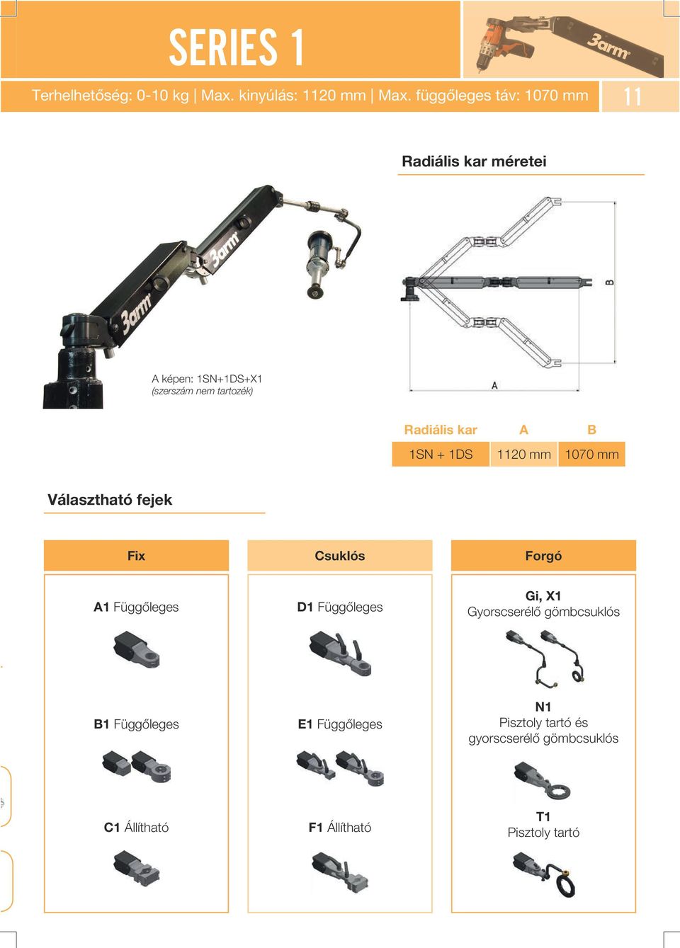 A B 1SN + 1DS 1120 mm 1070 mm Választható fejek Fix Csuklós Forgó A1 Függőleges D1 Függőleges Gi, X1