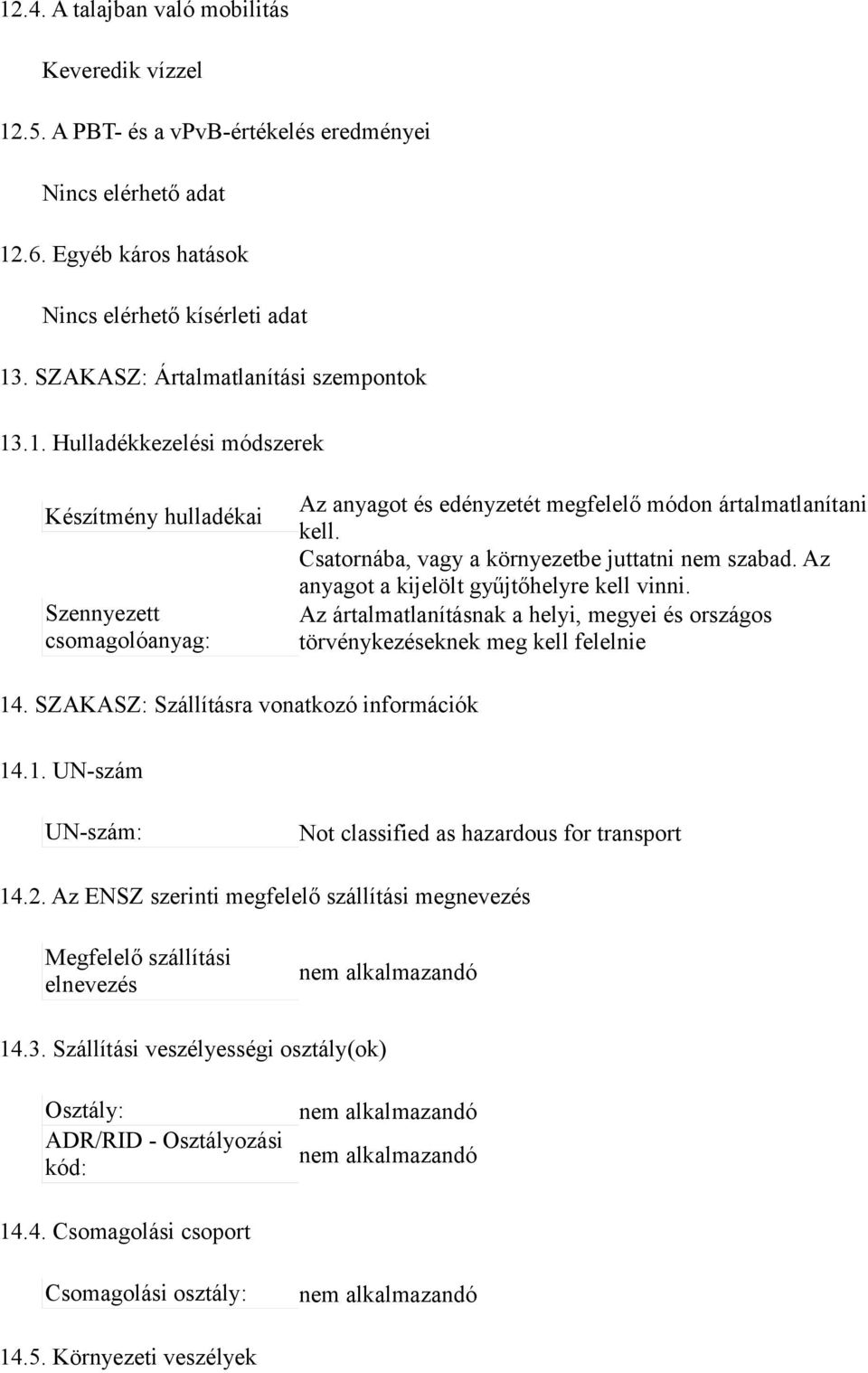 Csatornába, vagy a környezetbe juttatni nem szabad. Az anyagot a kijelölt gyűjtőhelyre kell vinni. Az ártalmatlanításnak a helyi, megyei és országos törvénykezéseknek meg kell felelnie 14.