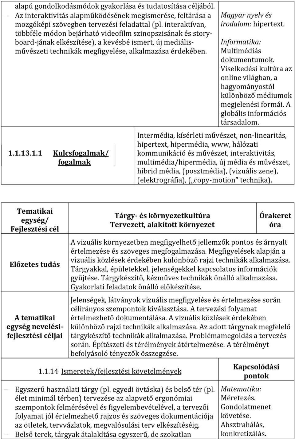 1.13.1.1 Kulcsfogalmak/ fogalmak Magyar nyelv és irodalom: hipertext. Informatika: Multimédiás dokumentumok.