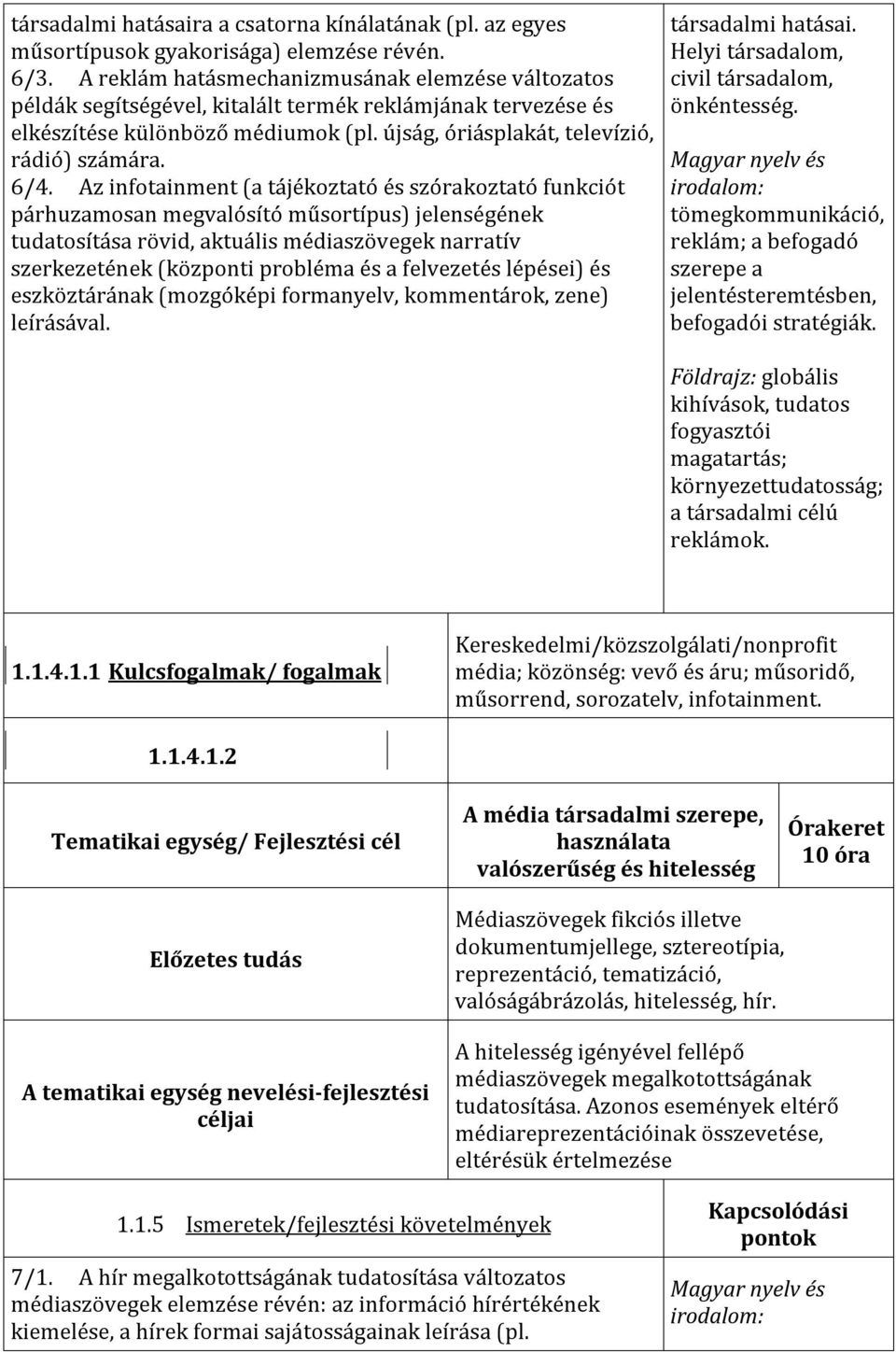 Az infotainment (a tájékoztató és szórakoztató funkciót párhuzamosan megvalósító műsortípus) jelenségének tudatosítása rövid, aktuális médiaszövegek narratív szerkezetének (központi probléma és a