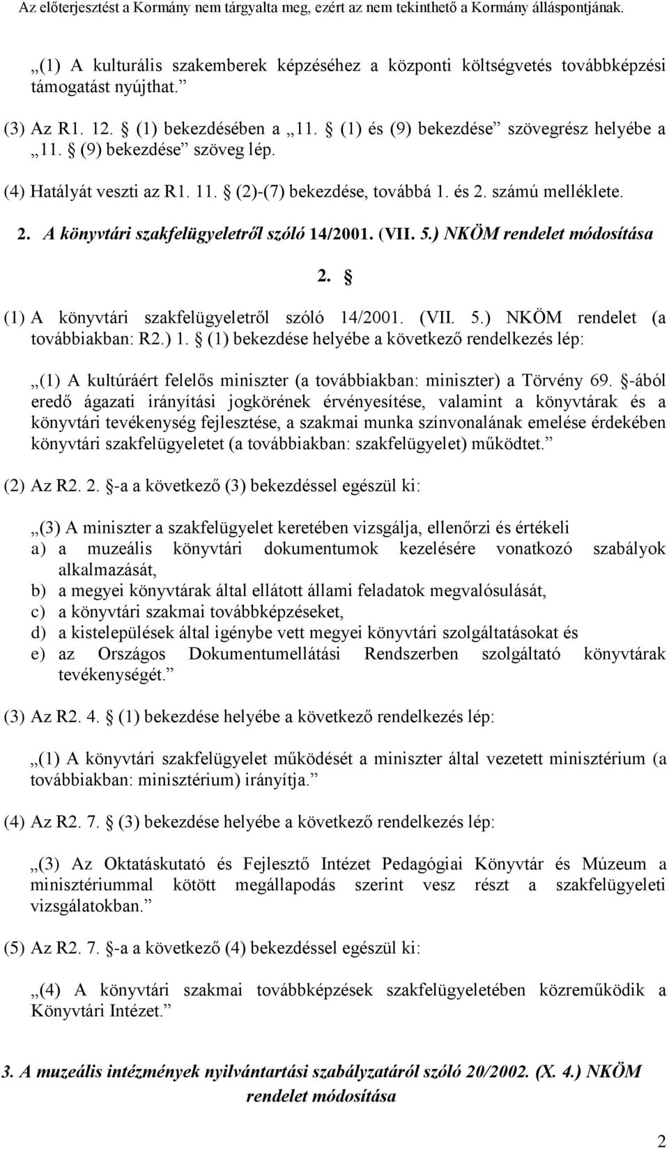 (1) A könyvtári szakfelügyeletről szóló 14/2001. (VII. 5.) NKÖM rendelet (a továbbiakban: R2.) 1.