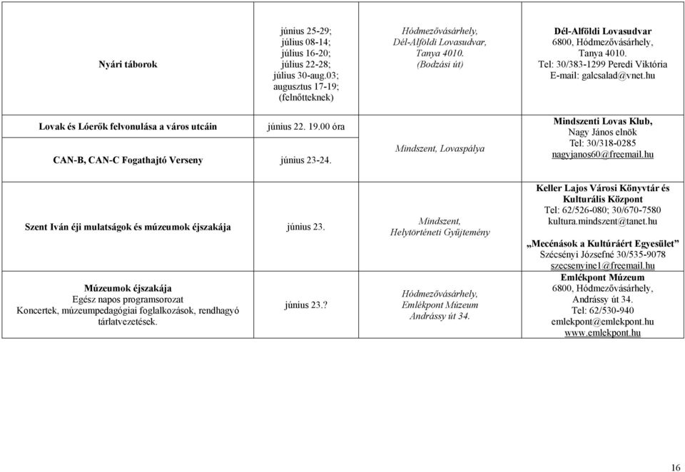 hu Lovak és Lóerők felvonulása a város utcáin június 22. 19.00 óra CAN-B, CAN-C Fogathajtó Verseny június 23-24.