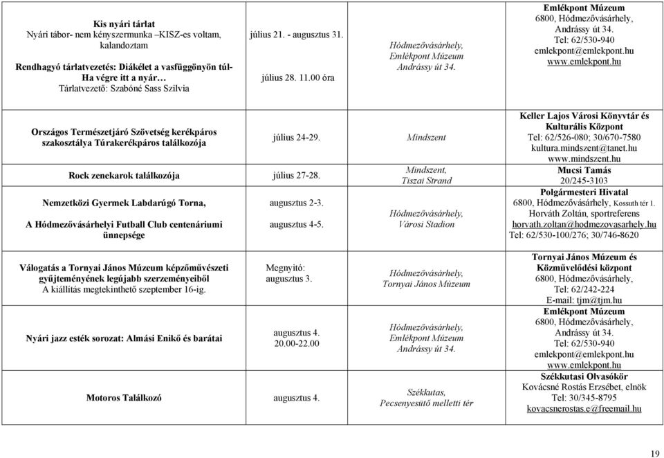 Nemzetközi Gyermek Labdarúgó Torna, A Hódmezővásárhelyi Futball Club centenáriumi ünnepsége Válogatás a Tornyai János Múzeum képzőművészeti gyűjteményének legújabb szerzeményeiből A kiállítás