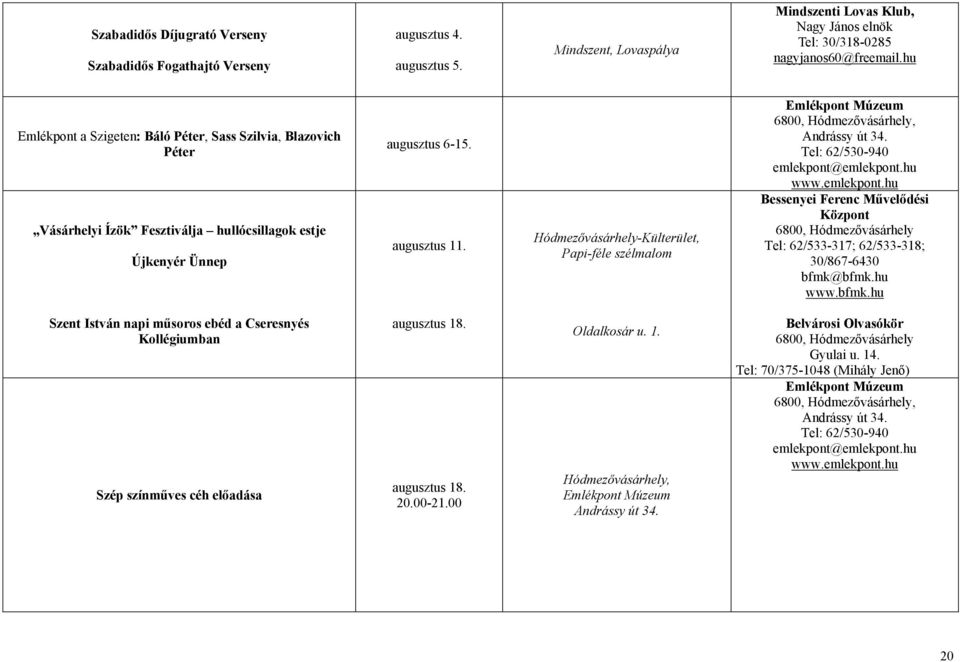 hu Emlékpont a Szigeten: Báló Péter, Sass Szilvia, Blazovich Péter Vásárhelyi Ízök Fesztiválja hullócsillagok estje Újkenyér Ünnep augusztus 6-15.