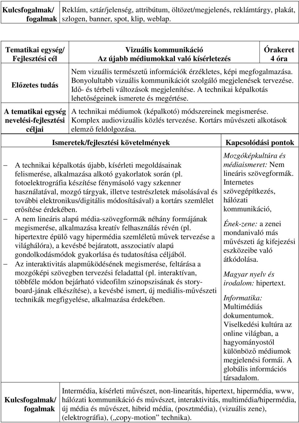 Bonyolultabb vizuális kommunikációt szolgáló megjelenések tervezése. Idő- és térbeli változások megjelenítése. A technikai képalkotás lehetőségeinek ismerete és megértése.