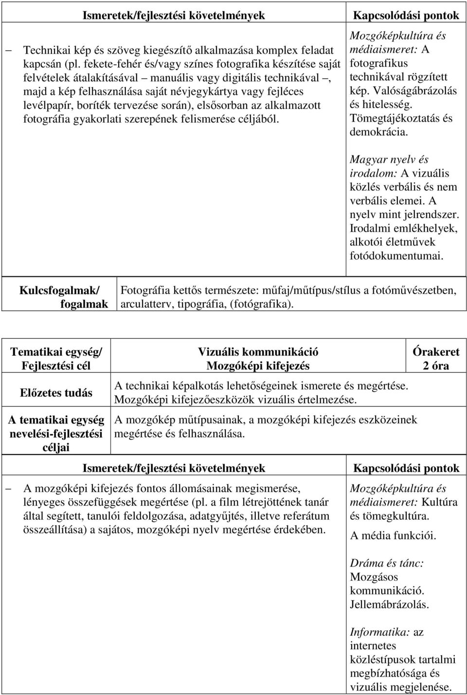 tervezése során), elsősorban az alkalmazott fotográfia gyakorlati szerepének felismerése céljából. Mozgóképkultúra és médiaismeret: A fotografikus technikával rögzített kép.