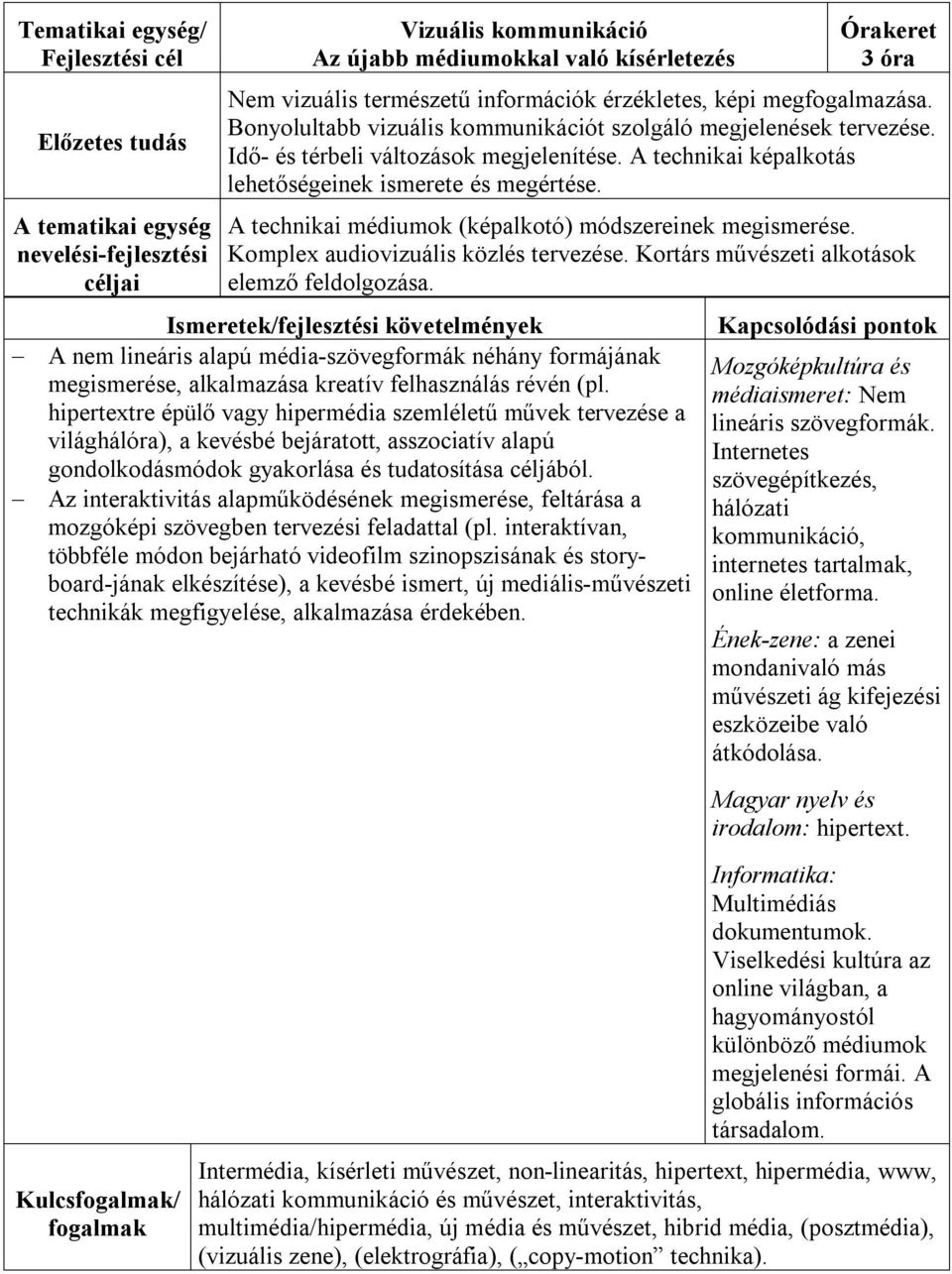 A technikai médiumok (képalkotó) módszereinek megismerése. Komplex audiovizuális közlés tervezése. Kortárs művészeti alkotások elemző feldolgozása.