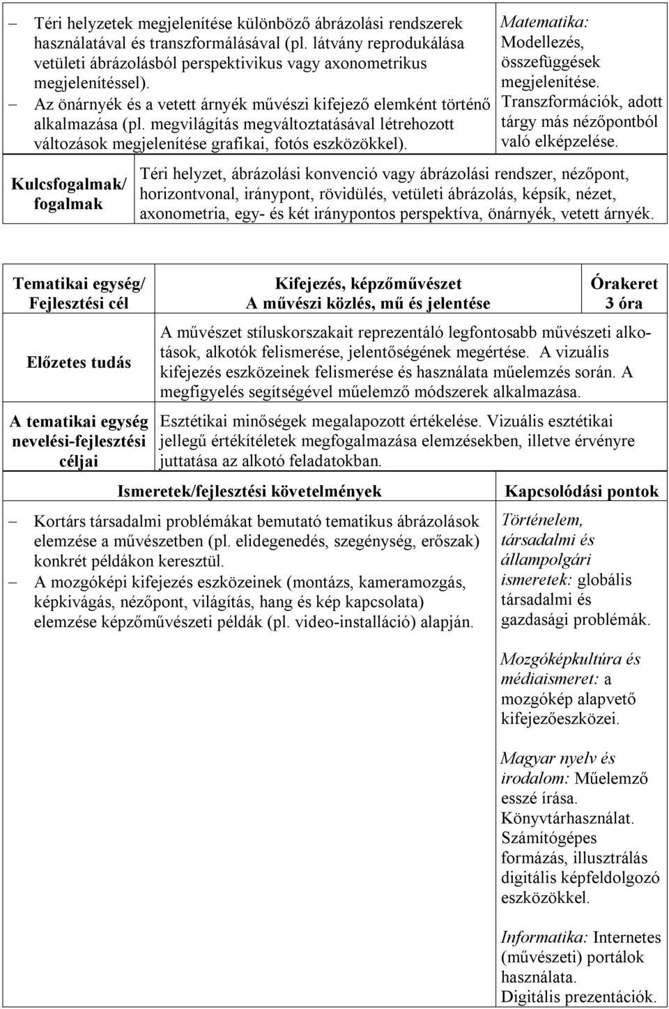 Kulcs/ Matematika: Modellezés, összefüggések megjelenítése. Transzformációk, adott tárgy más nézőpontból való elképzelése.