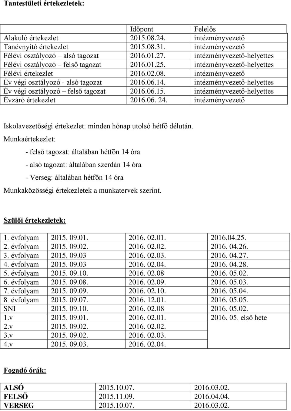 Iskolavezetőségi értekezlet: minden hónap utolsó hétfő délután.