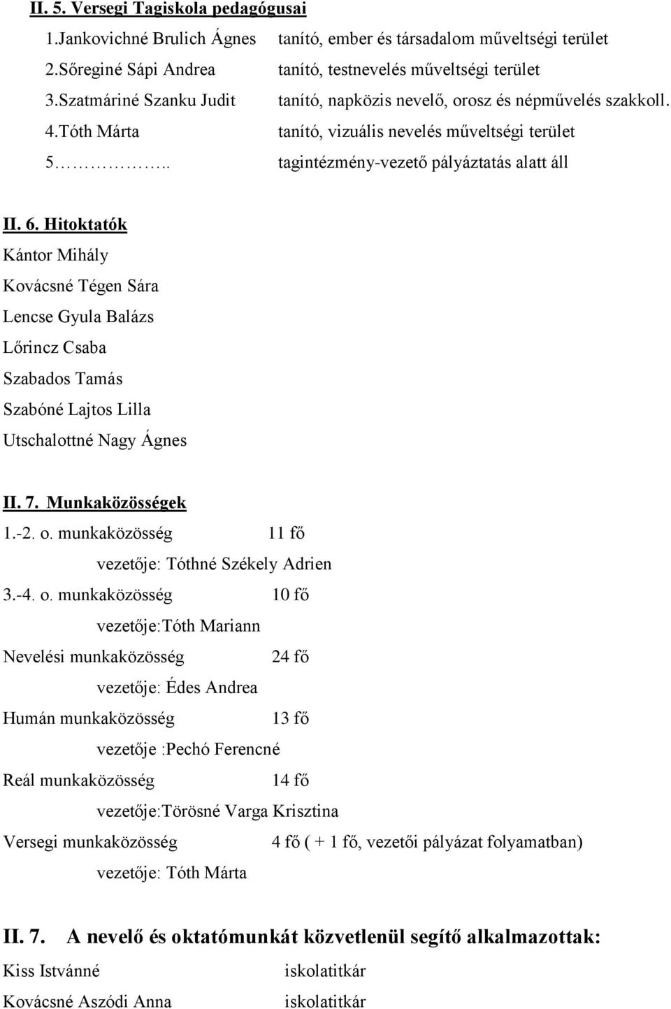 Hitoktatók Kántor Mihály Kovácsné Tégen Sára Lencse Gyula Balázs Lőrincz Csaba Szabados Tamás Szabóné Lajtos Lilla Utschalottné Nagy Ágnes II. 7. Munkaközösségek 1.-2. o.