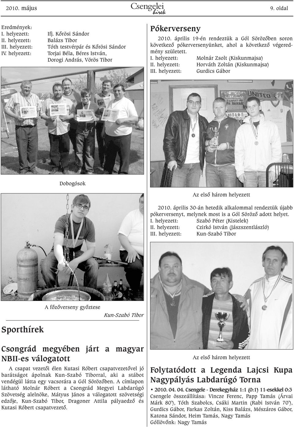 I. helyezett: Molnár Zsolt (Kiskunmajsa) II. helyezett: Horváth Zoltán (Kiskunmajsa) III. helyezett: Gurdics Gábor Dobogósok Az elsõ három helyezett 2010.