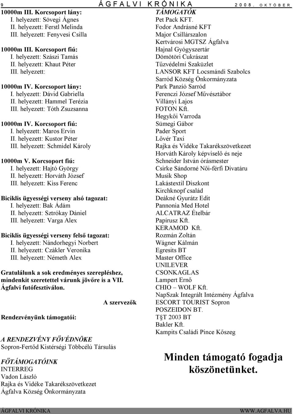 helyezett: Tóth Zsuzsanna 10000m IV. Korcsoport fiú: I. helyezett: Maros Ervin II. helyezett: Kustor Péter III. helyezett: Schmidel Károly 10000m V. Korcsoport fiú: I. helyezett: Hajtó György II.
