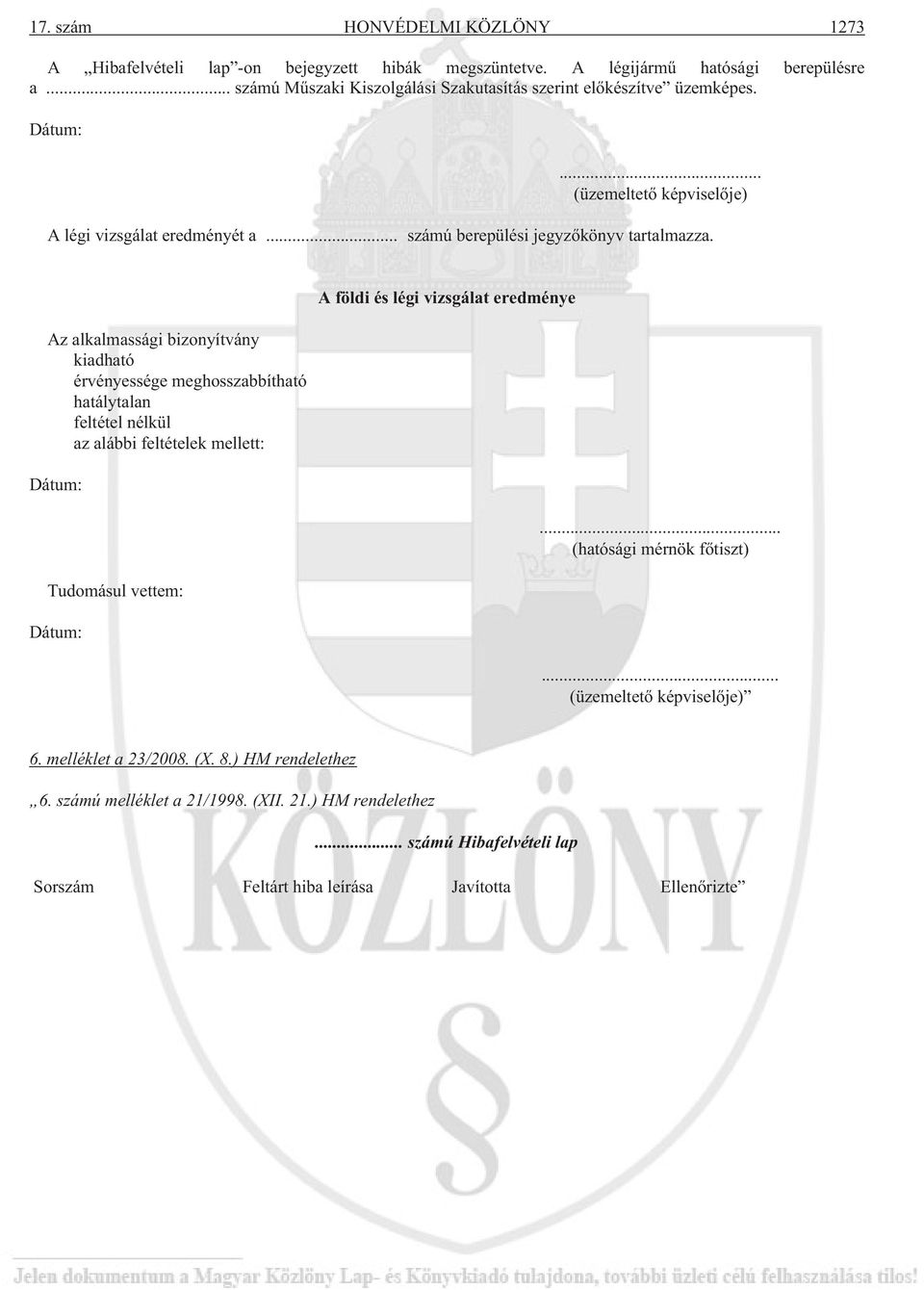 A földi és légi vizsgálat eredménye Az alkalmassági bizonyítvány kiadható érvényessége meghosszabbítható hatálytalan feltétel nélkül az alábbi feltételek mellett: Dátum:.