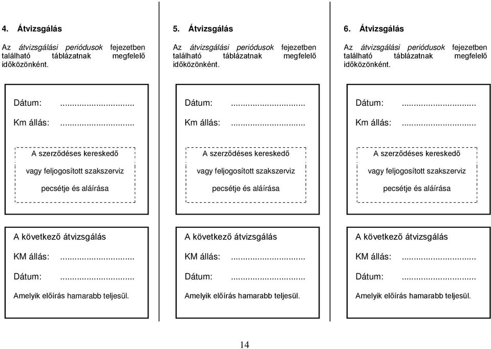 Átvizsgálás Az átvizsgálási periódusok fejezetben található táblázatnak megfelelő időközönként. Km állás:.