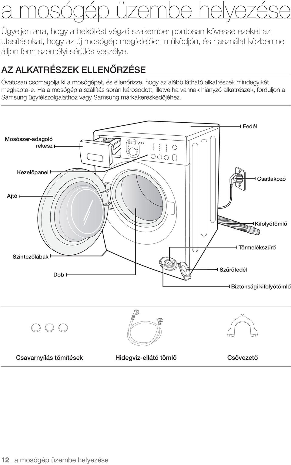 Ha a mosógép a szállítás során károsodott, illetve ha vannak hiányzó alkatrészek, forduljon a Samsung ügyfélszolgálathoz vagy Samsung márkakereskedőjéhez.