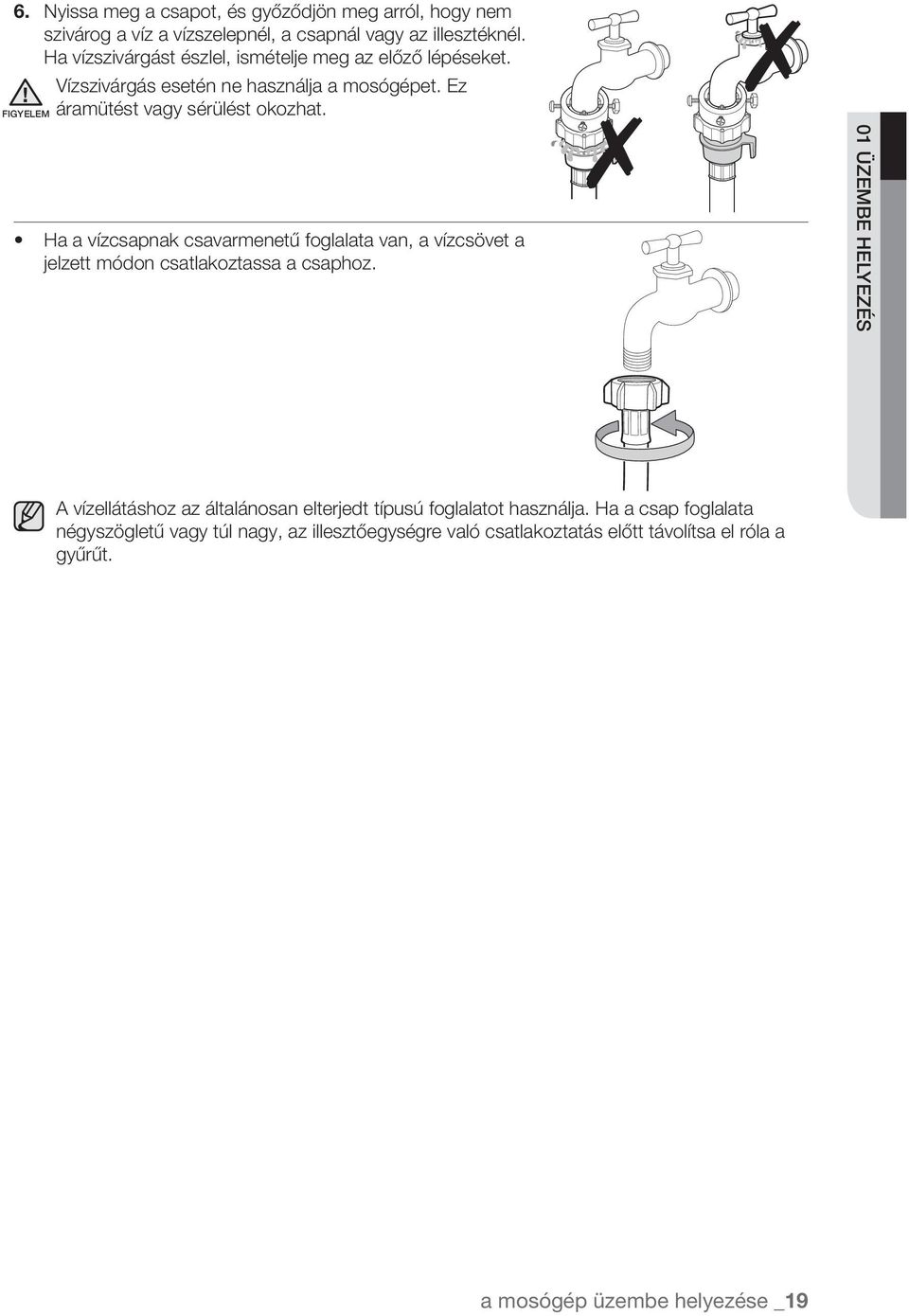 FIGYELEM Ha a vízcsapnak csavarmenetű foglalata van, a vízcsövet a jelzett módon csatlakoztassa a csaphoz.