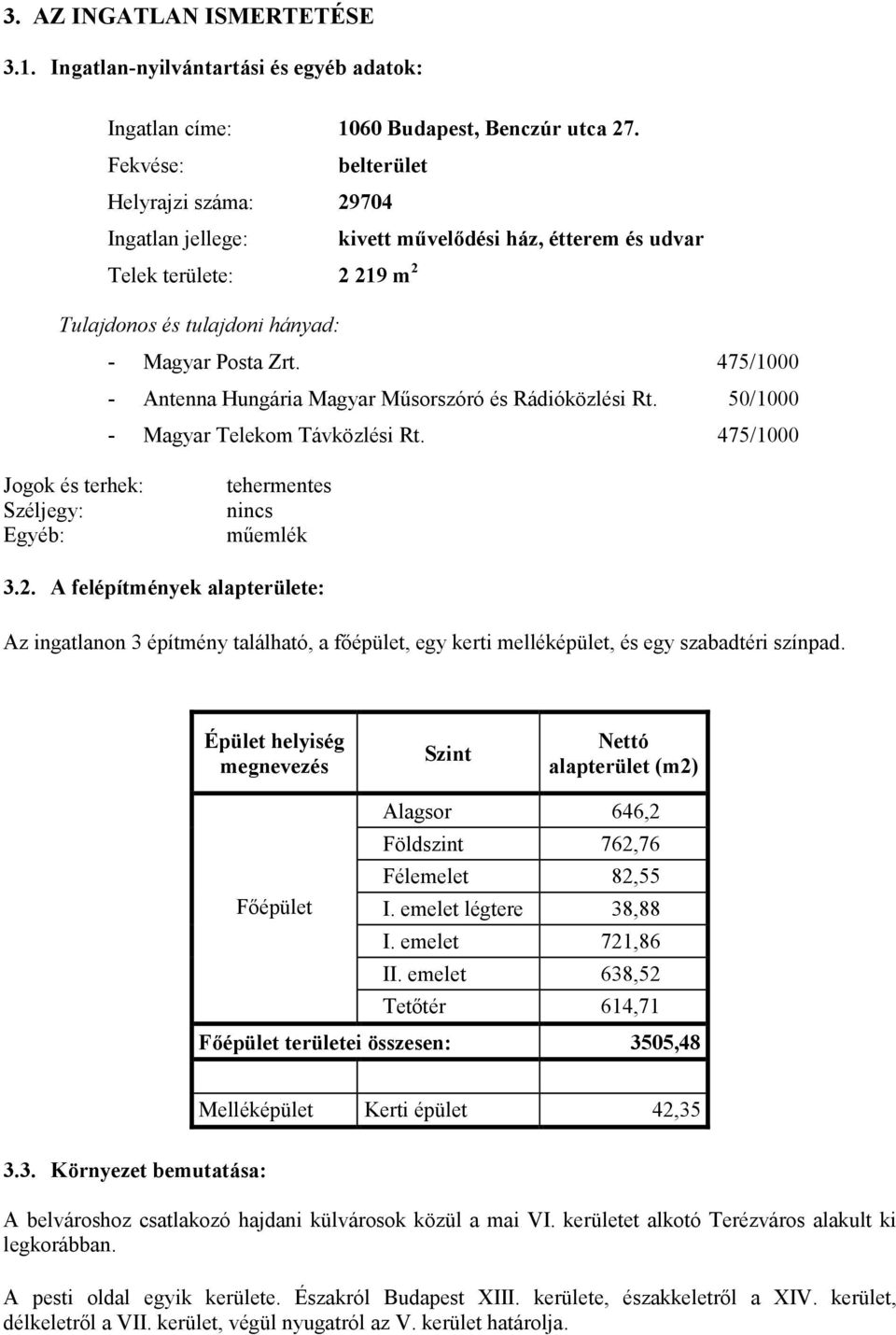 475/1000 - Antenna Hungária Magyar Műsorszóró és Rádióközlési Rt. 50/1000 - Magyar Telekom Távközlési Rt. 475/1000 Jogok és terhek: Széljegy: Egyéb: tehermentes nincs műemlék 3.2.