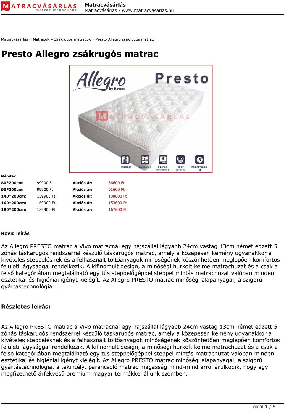 Presto Allegro zsákrugós matrac - PDF Ingyenes letöltés