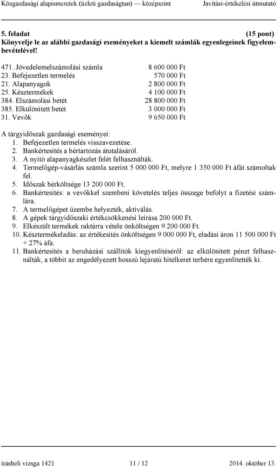 Vevők 9 650 000 Ft A tárgyidőszak gazdasági eseményei: 1. Befejezetlen termelés visszavezetése. 2. Bankértesítés a bértartozás átutalásáról. 3. A nyitó alapanyagkészlet felét felhasználták. 4.