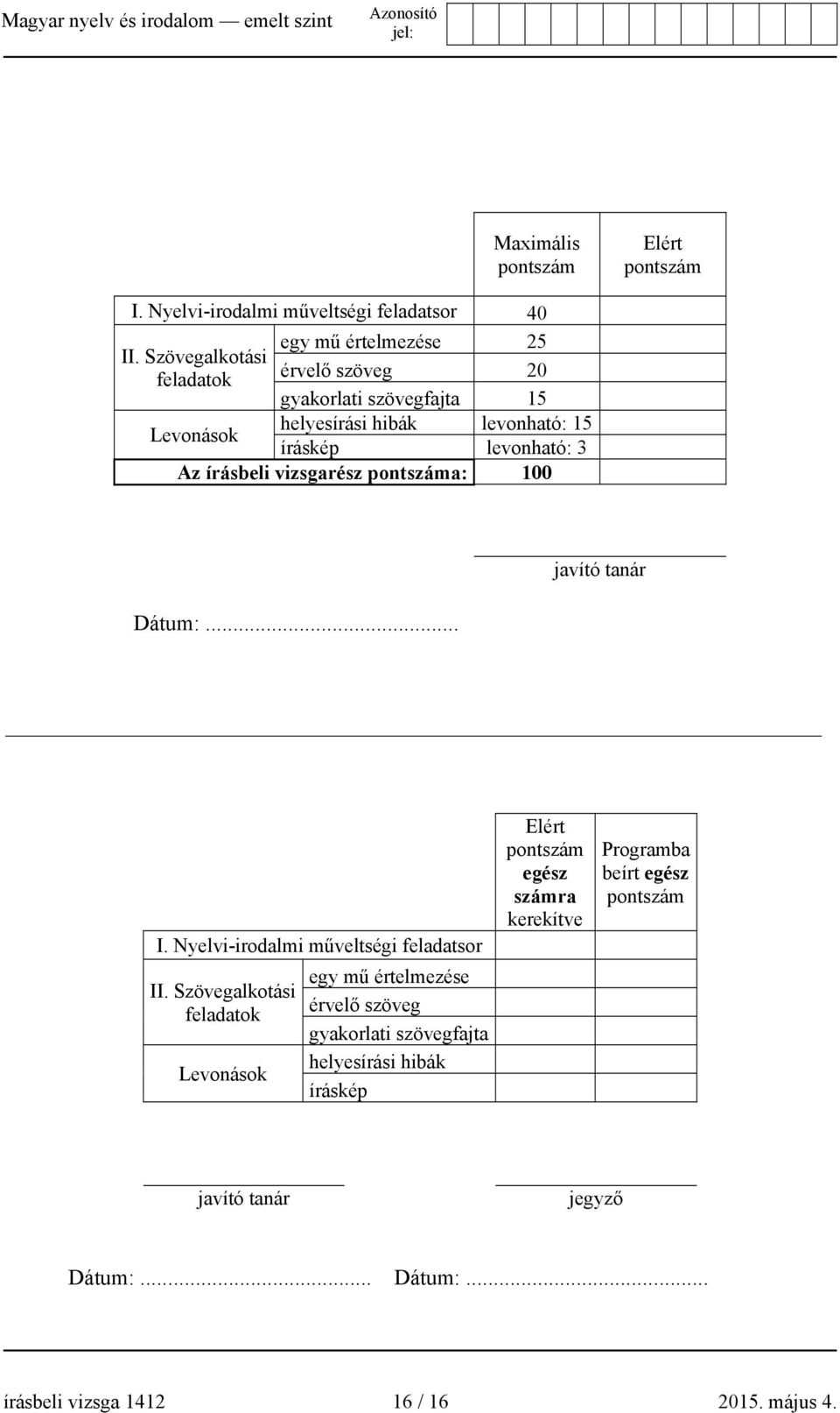 Az írásbeli vizsgarész pontszáma: 100 Dátum:... javító tanár I. Nyelvi-irodalmi műveltségi feladatsor II.