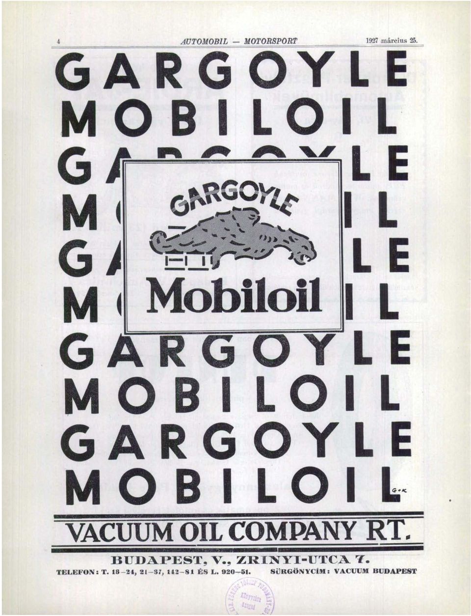 VACUUM OIL COMPANY RT. B U D A P E S T, V.