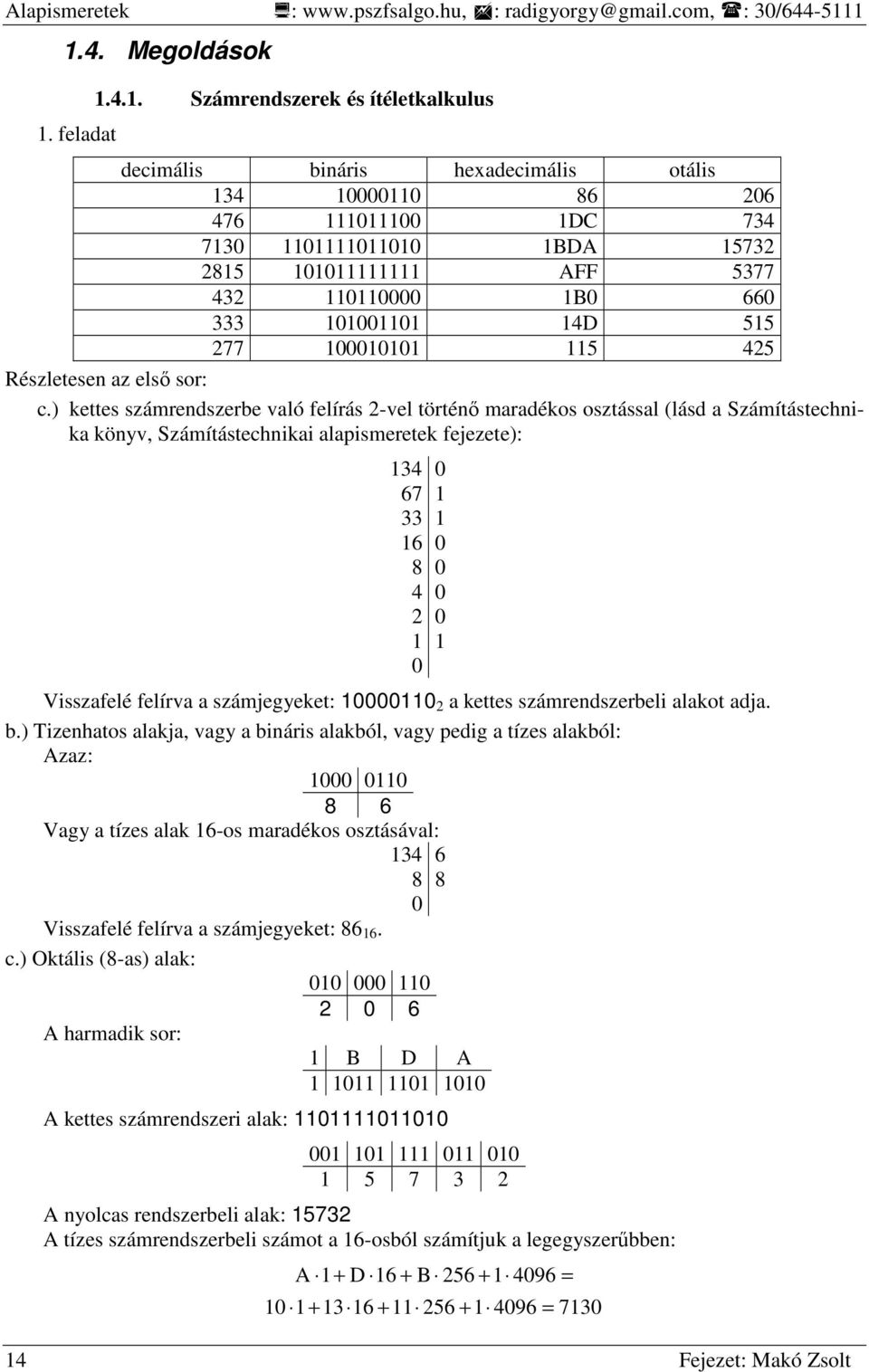 AFF 5377 432 110110000 1B0 660 333 101001101 14D 515 277 100010101 115 425 Részletesen az elsı sor: c.