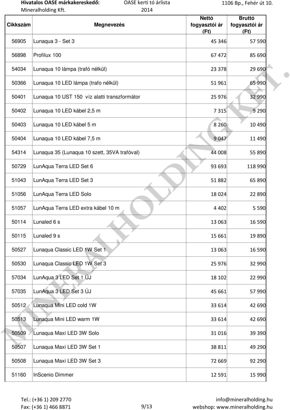 (Lunaqua 10 szett, 35VA trafóval) 44 008 55 890 50729 LunAqua Terra LED Set 6 93 693 118 990 51043 LunAqua Terra LED Set 3 51 882 65 890 51056 LunAqua Terra LED Solo 18 024 22 890 51057 LunAqua Terra