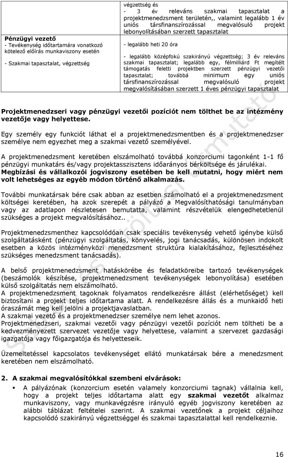 releváns szakmai tapasztalat; legalább egy, félmilliárd Ft megítélt támogatás feletti projektben szerzett pénzügyi vezetői tapasztalat; továbbá minimum egy uniós társfinanszírozással megvalósuló