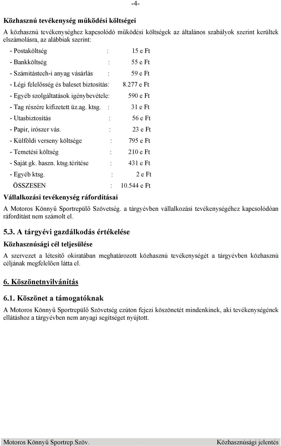 : 31 e Ft - Utasbiztosítás : 56 e Ft - Papir, irószer vás. : 23 e Ft - Külföldi verseny költsége : 795 e Ft - Temetési költség : 210 e Ft - Saját gk. haszn. ktsg.térítése : 431 e Ft - Egyéb ktsg.