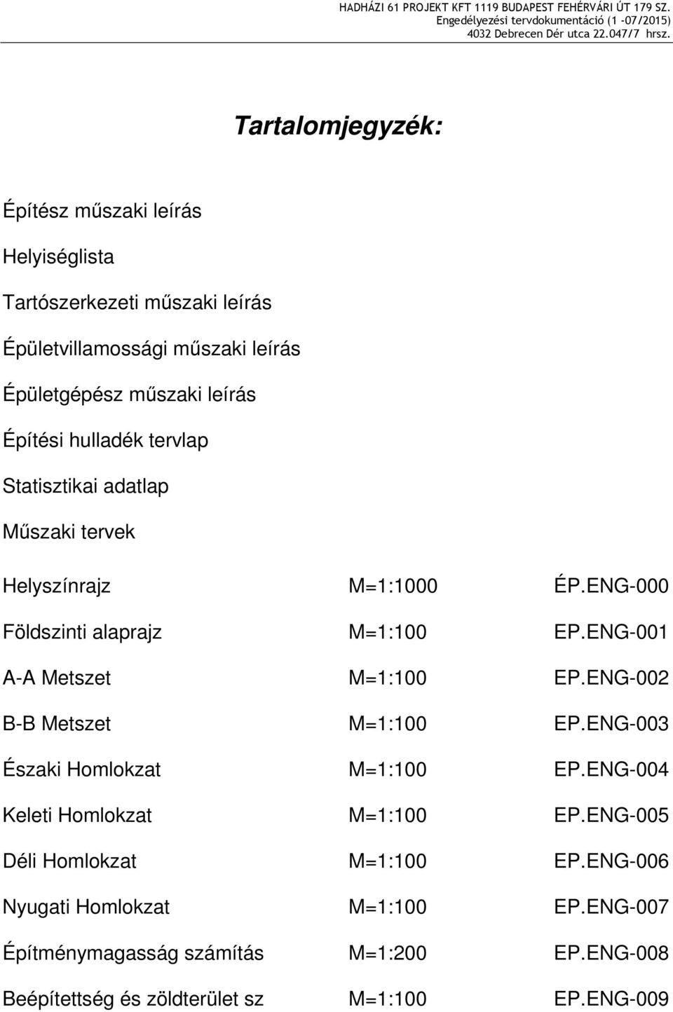 ENG-001 A-A Metszet M=1:100 EP.ENG-002 B-B Metszet M=1:100 EP.ENG-003 Északi Homlokzat M=1:100 EP.ENG-004 Keleti Homlokzat M=1:100 EP.
