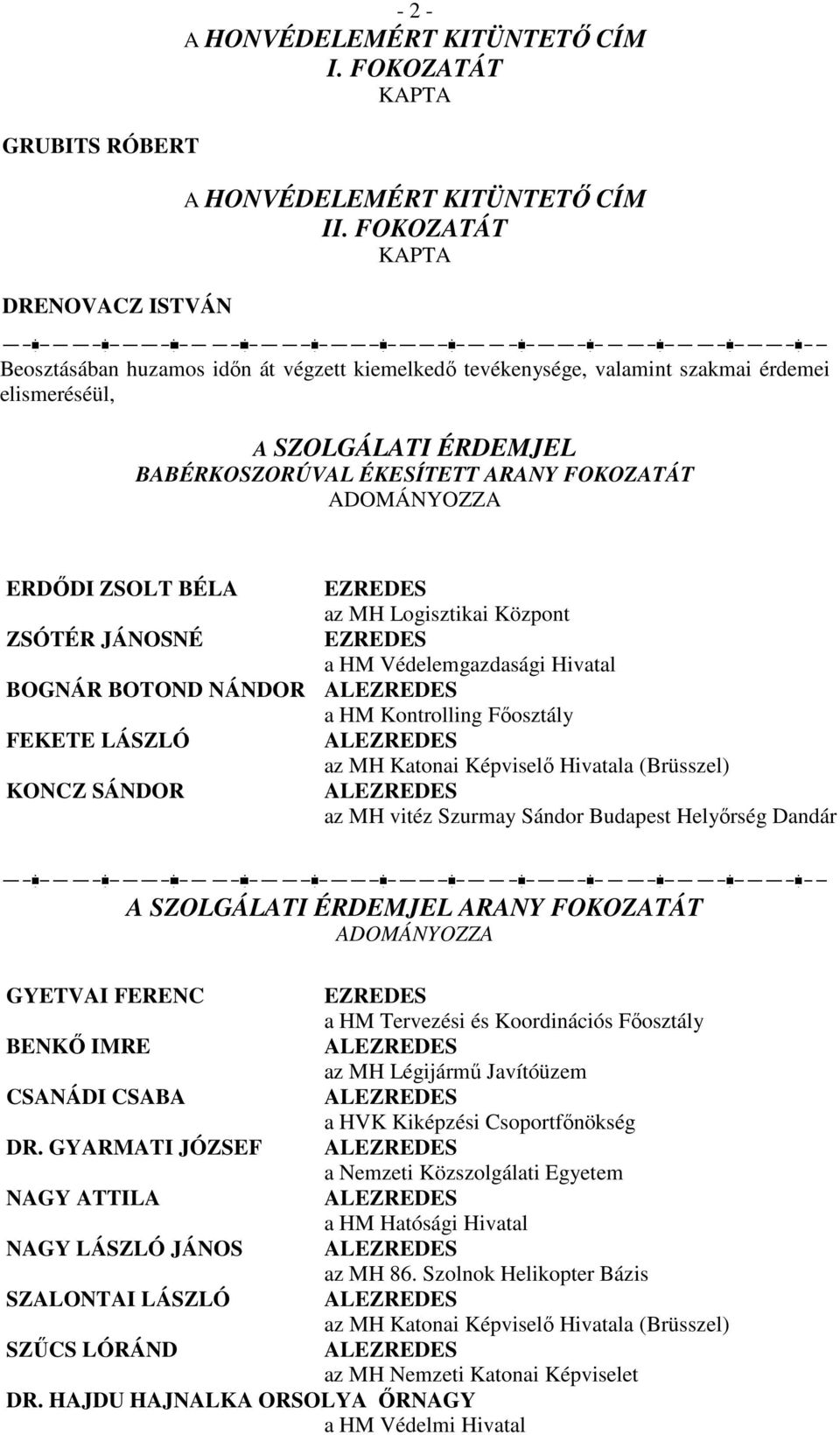 (Brüsszel) KONCZ SÁNDOR A SZOLGÁLATI ÉRDEMJEL ARANY FOKOZATÁT GYETVAI FERENC a HM Tervezési és Koordinációs Főosztály BENKŐ IMRE az MH Légijármű Javítóüzem CSANÁDI CSABA a HVK Kiképzési