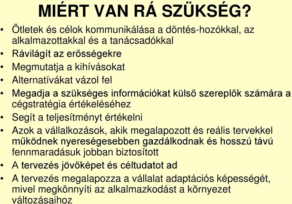 Alternatívákat vázol fel Megadja a szükséges információkat külső szereplők számára a cégstratégia értékeléséhez Segít a teljesítményt értékelni Azok a