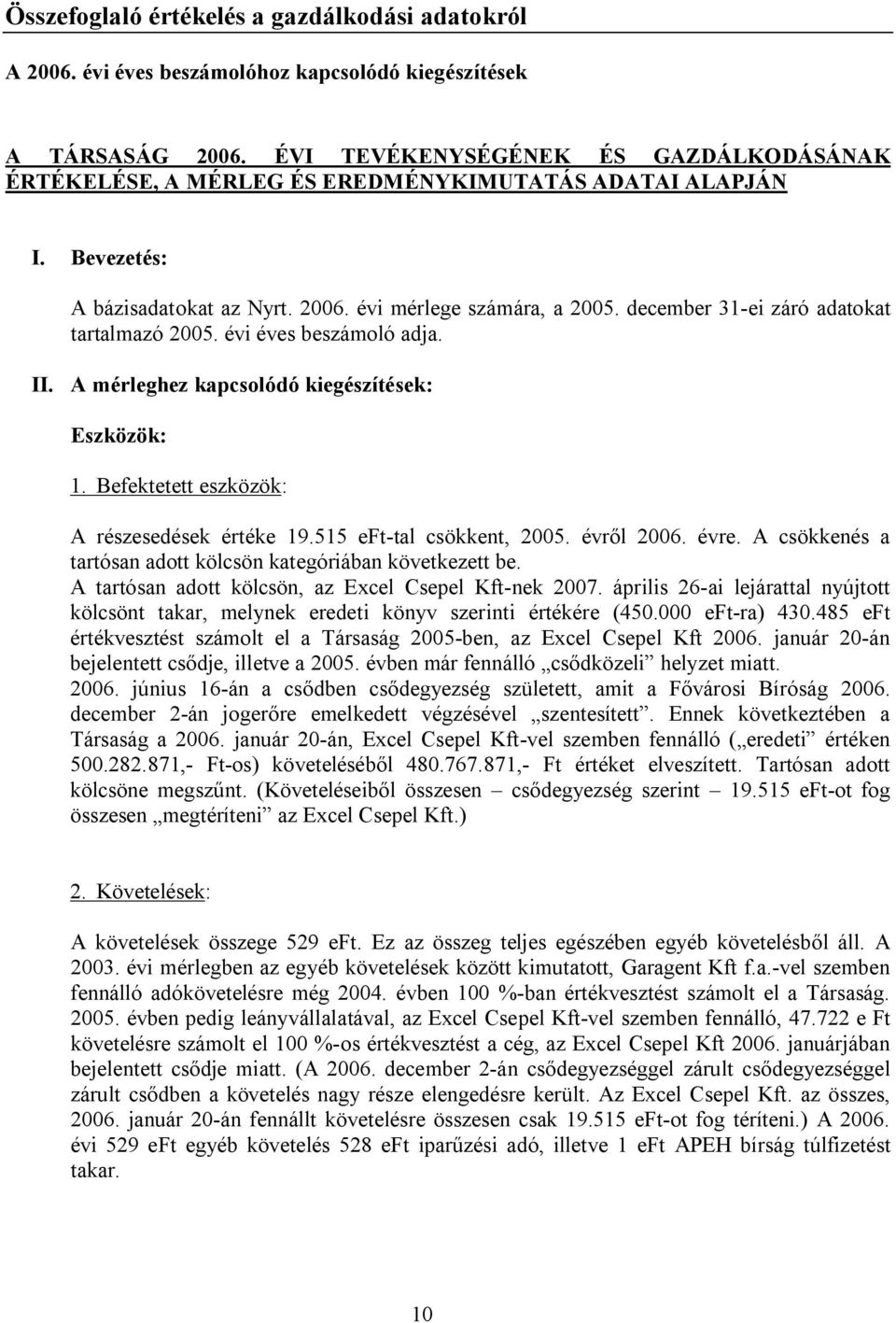 december 31-ei záró adatokat tartalmazó 2005. évi éves beszámoló adja. II. A mérleghez kapcsolódó kiegészítések: Eszközök: 1. Befektetett eszközök: A részesedések értéke 19.515 eft-tal csökkent, 2005.